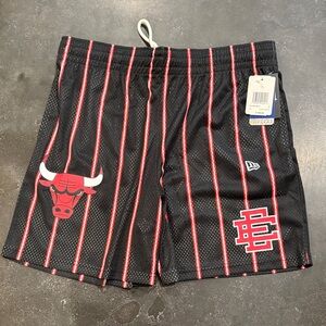 New Era Black Mesh Shorts with Red Pinstripes & Chicago Bulls Graphics
